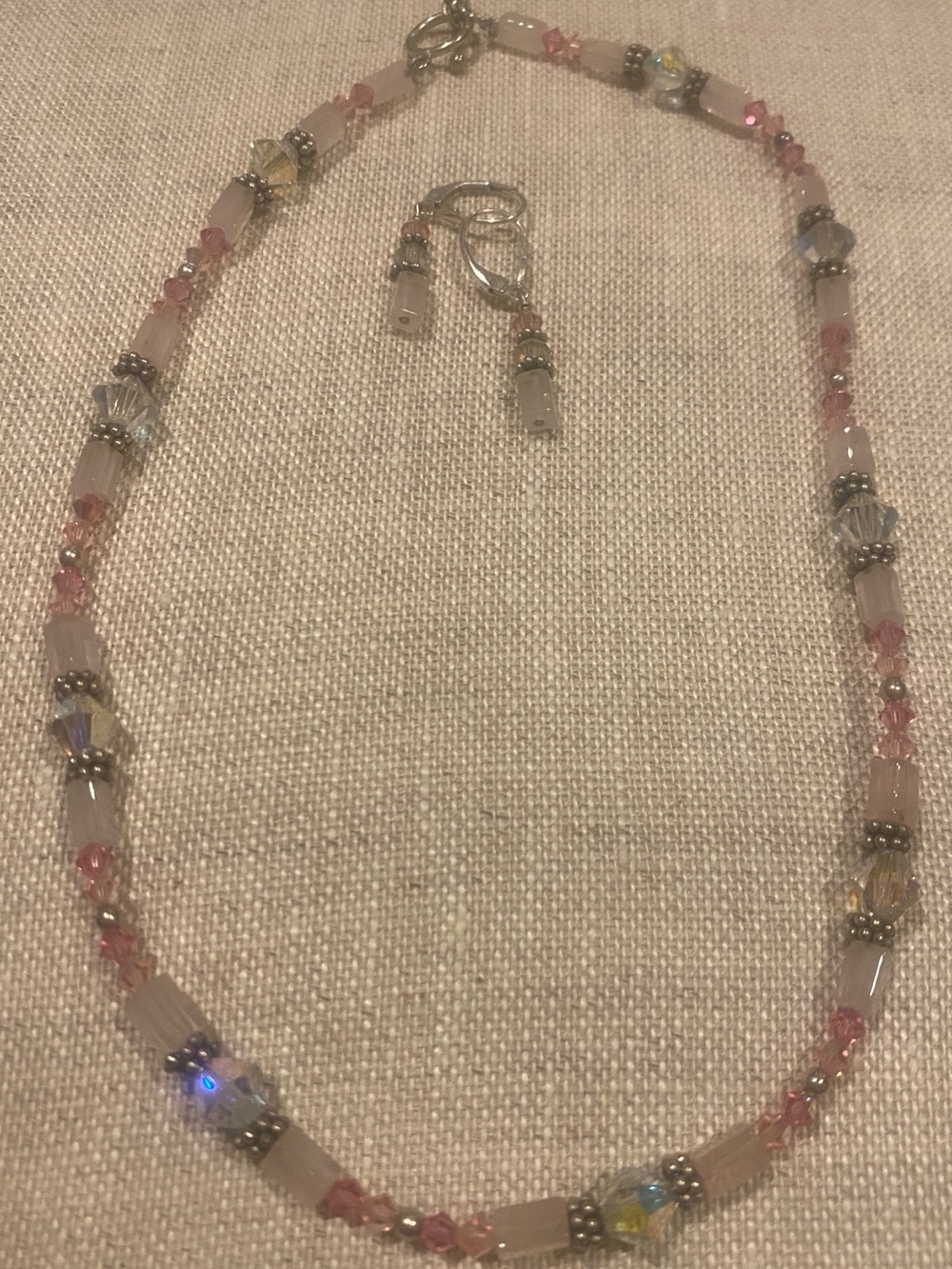 Source Unknown Pink and Silver Beaded Crystal Necklace, 2 bracelets and earrings